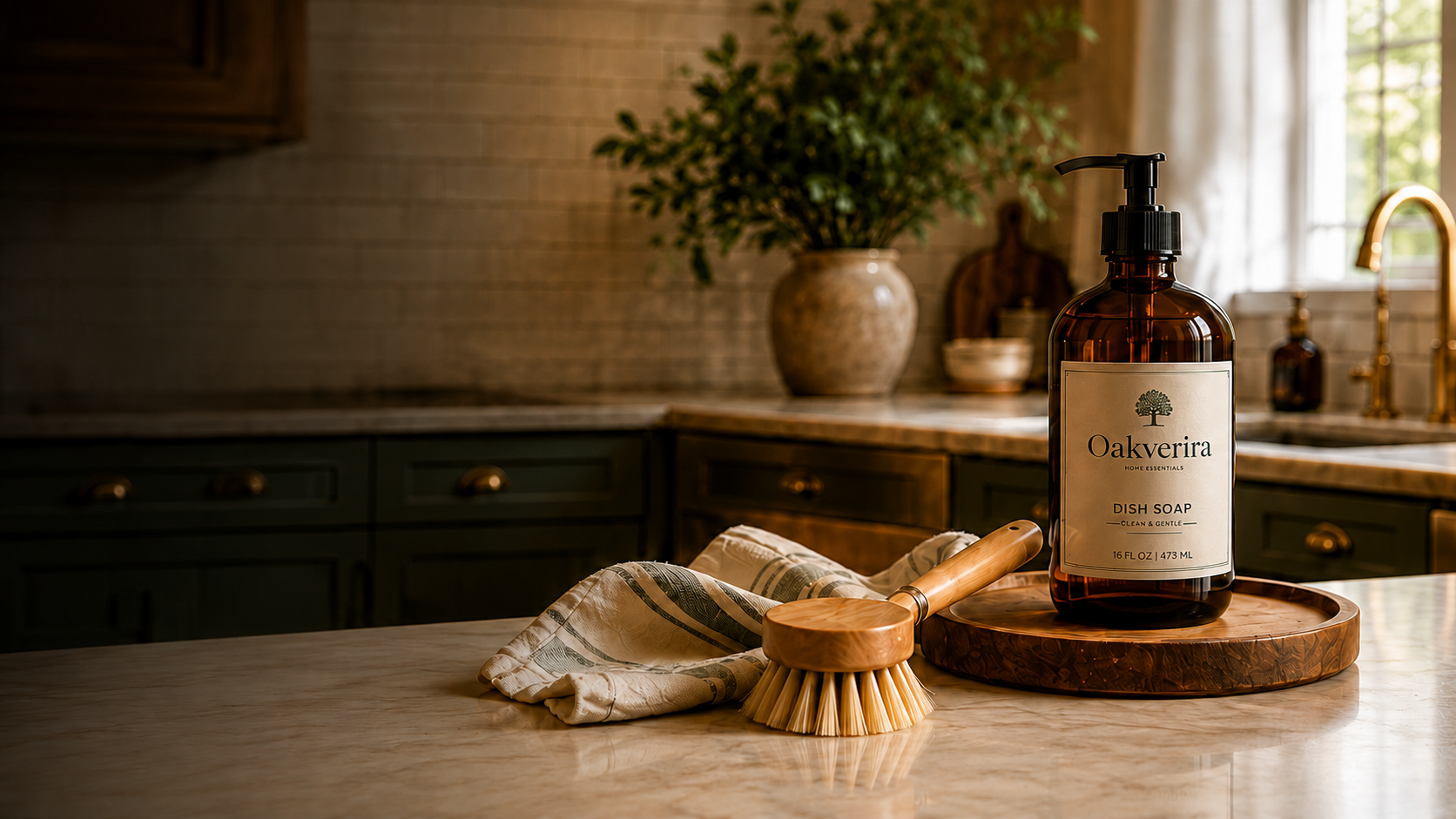 Oakverira home essentials in a warmly lit kitchen